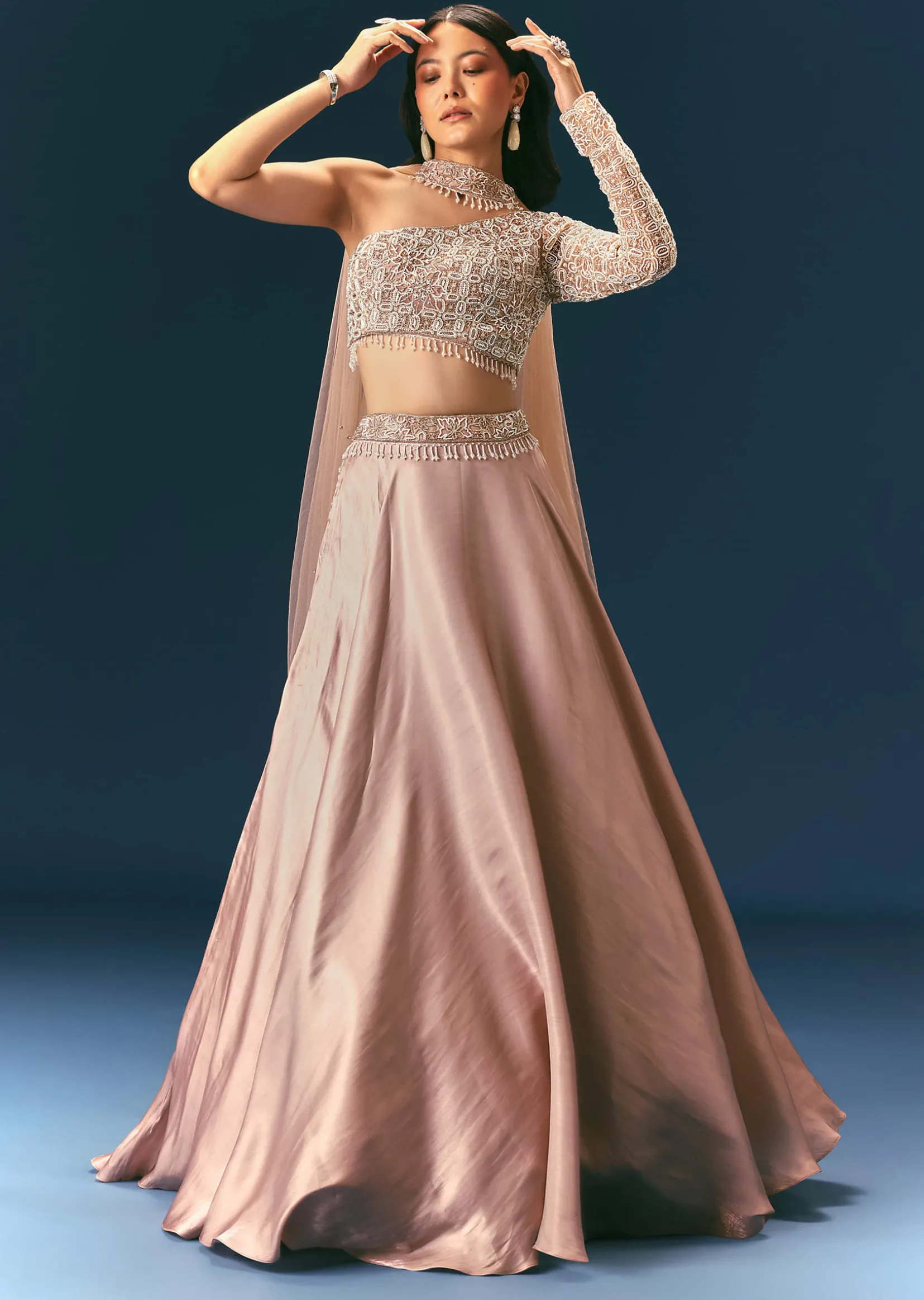 Oyster Organza Embroidered Lehenga Set With Dupatta