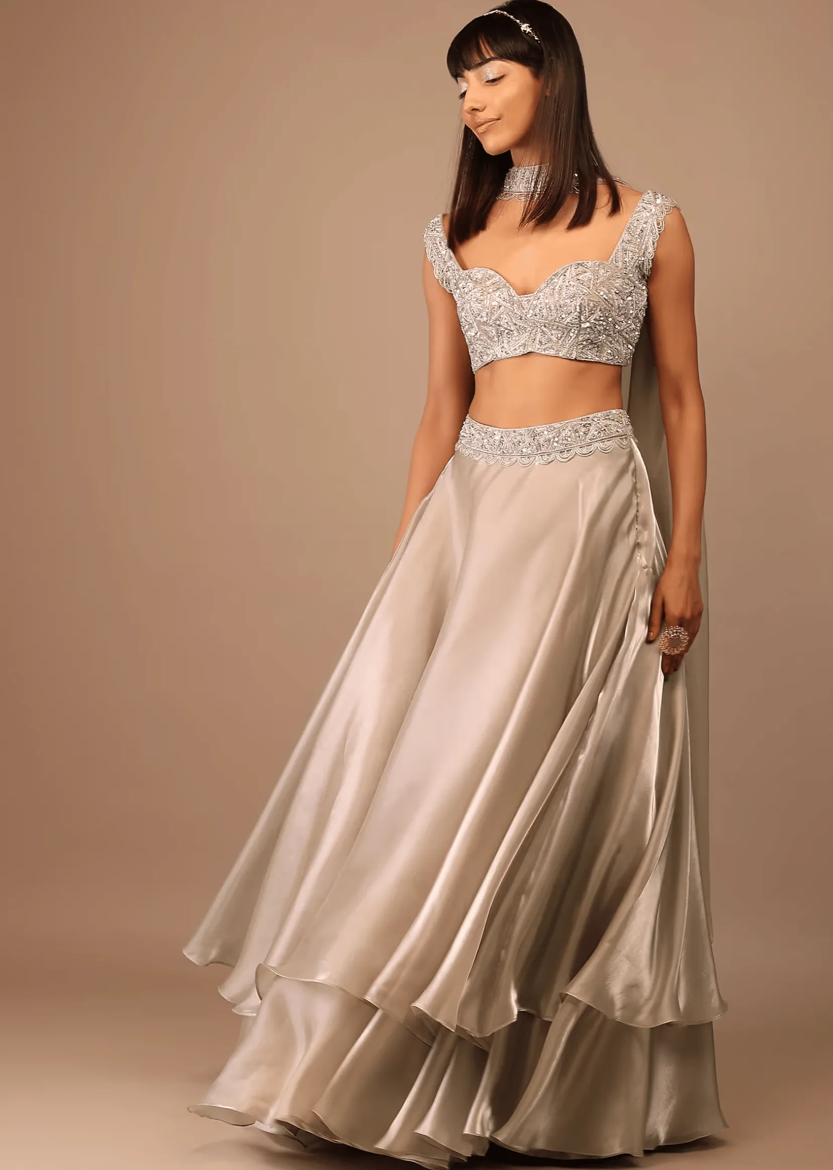 Oyster Organza Layered Skirt With Sleeveless Hand Embroidered Crop Top