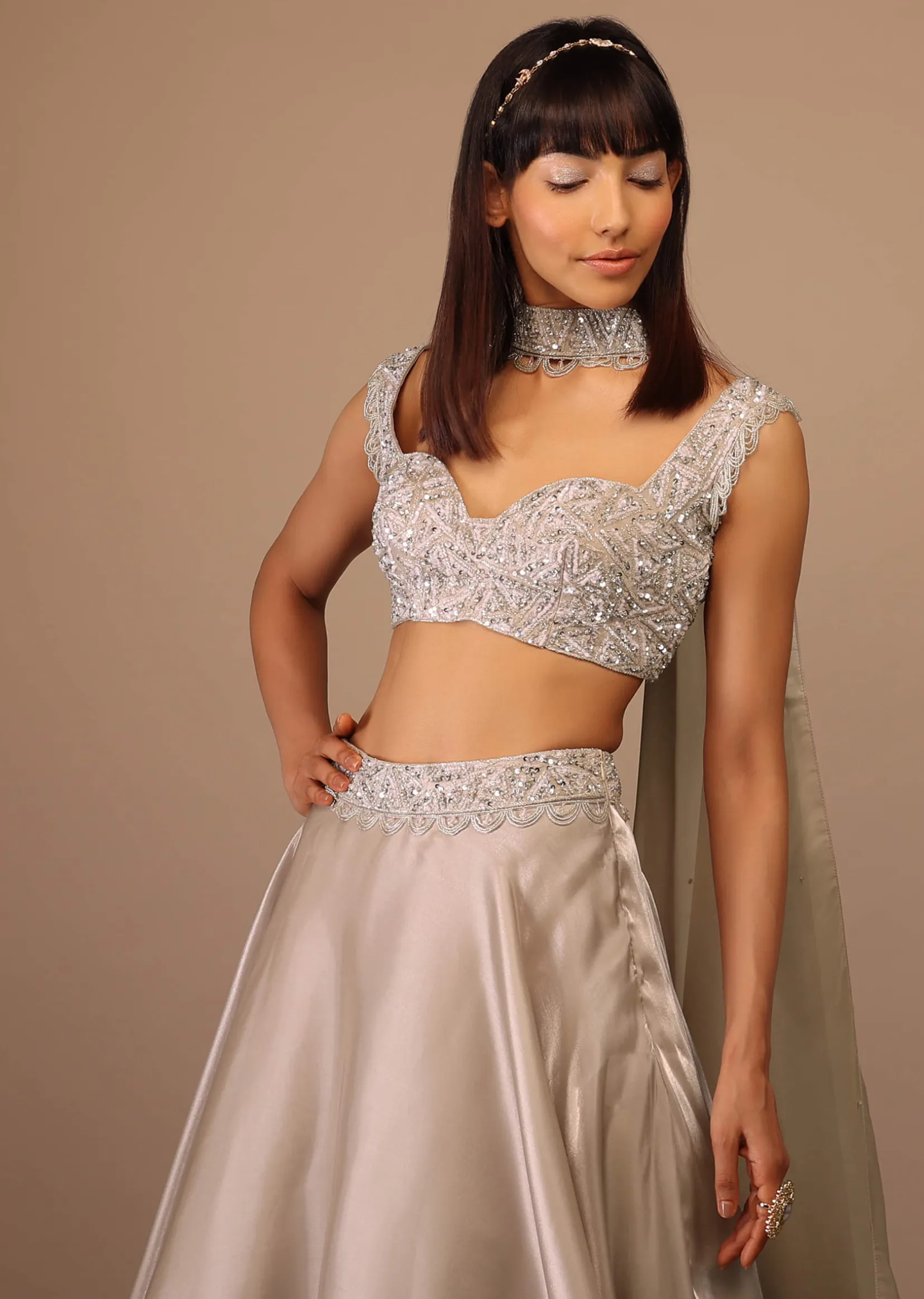 Oyster Organza Layered Skirt With Sleeveless Hand Embroidered Crop Top