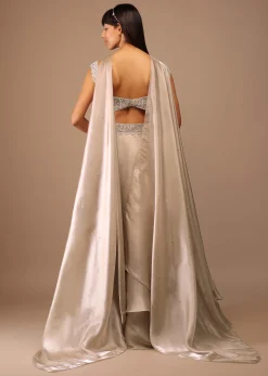 Oyster Organza Layered Skirt With Sleeveless Hand Embroidered Crop Top