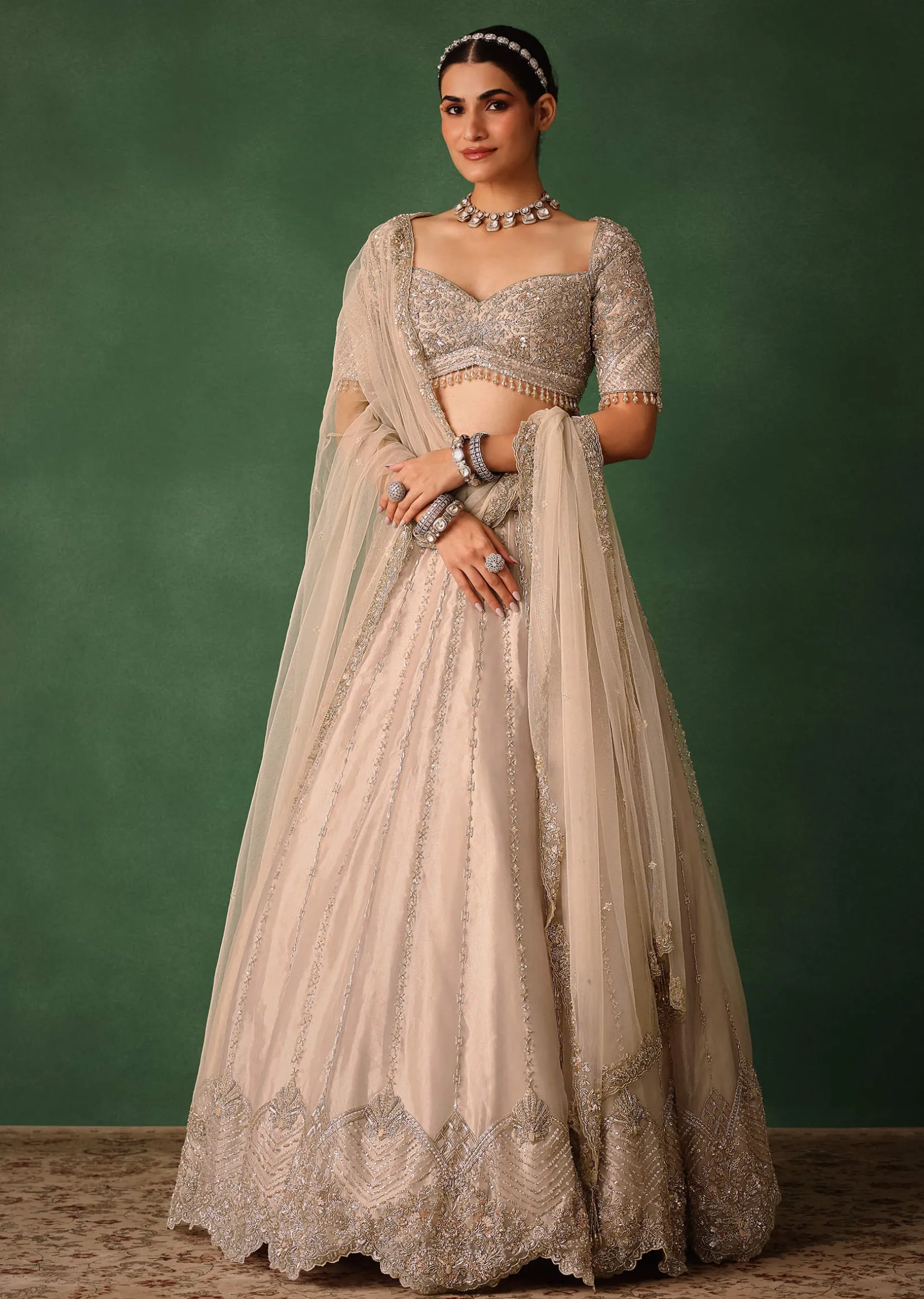 Oyster Pink Hand Embroidered Organza Lehenga Set