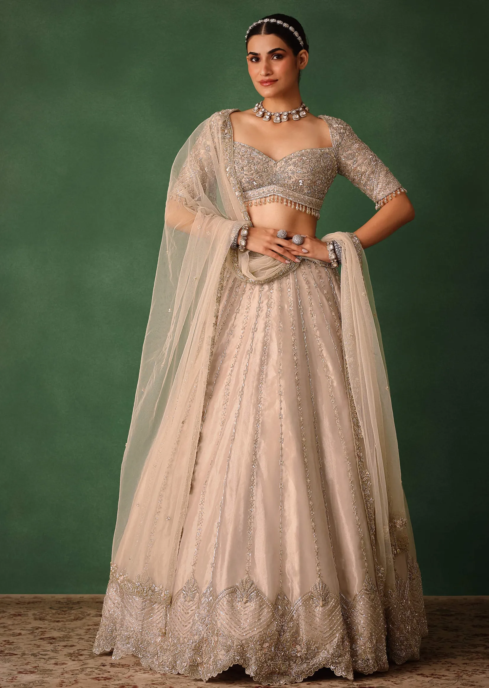 Oyster Pink Hand Embroidered Organza Lehenga Set