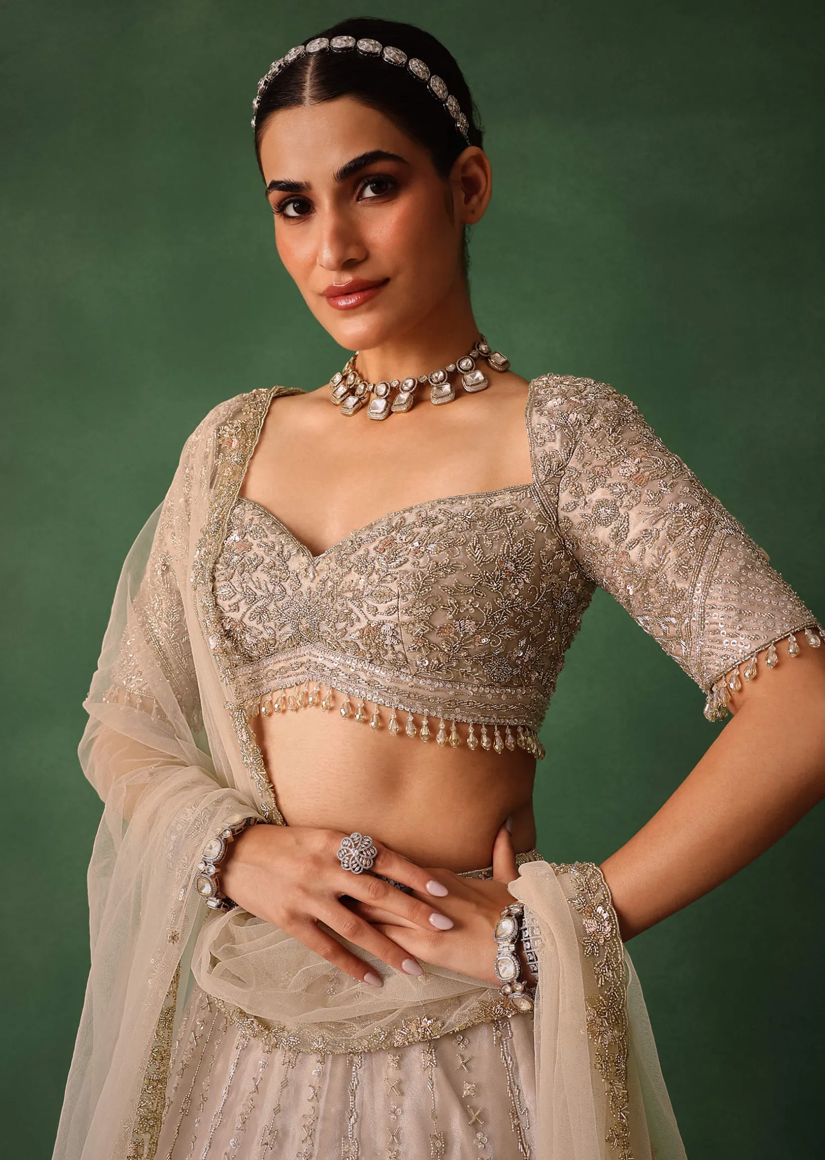 Oyster Pink Hand Embroidered Organza Lehenga Set