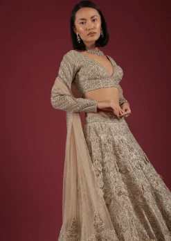Oyster Royal Heritage Lehenga And Choli With Detailed Hand Embroidered Floral Kalis And Plunging Neckline