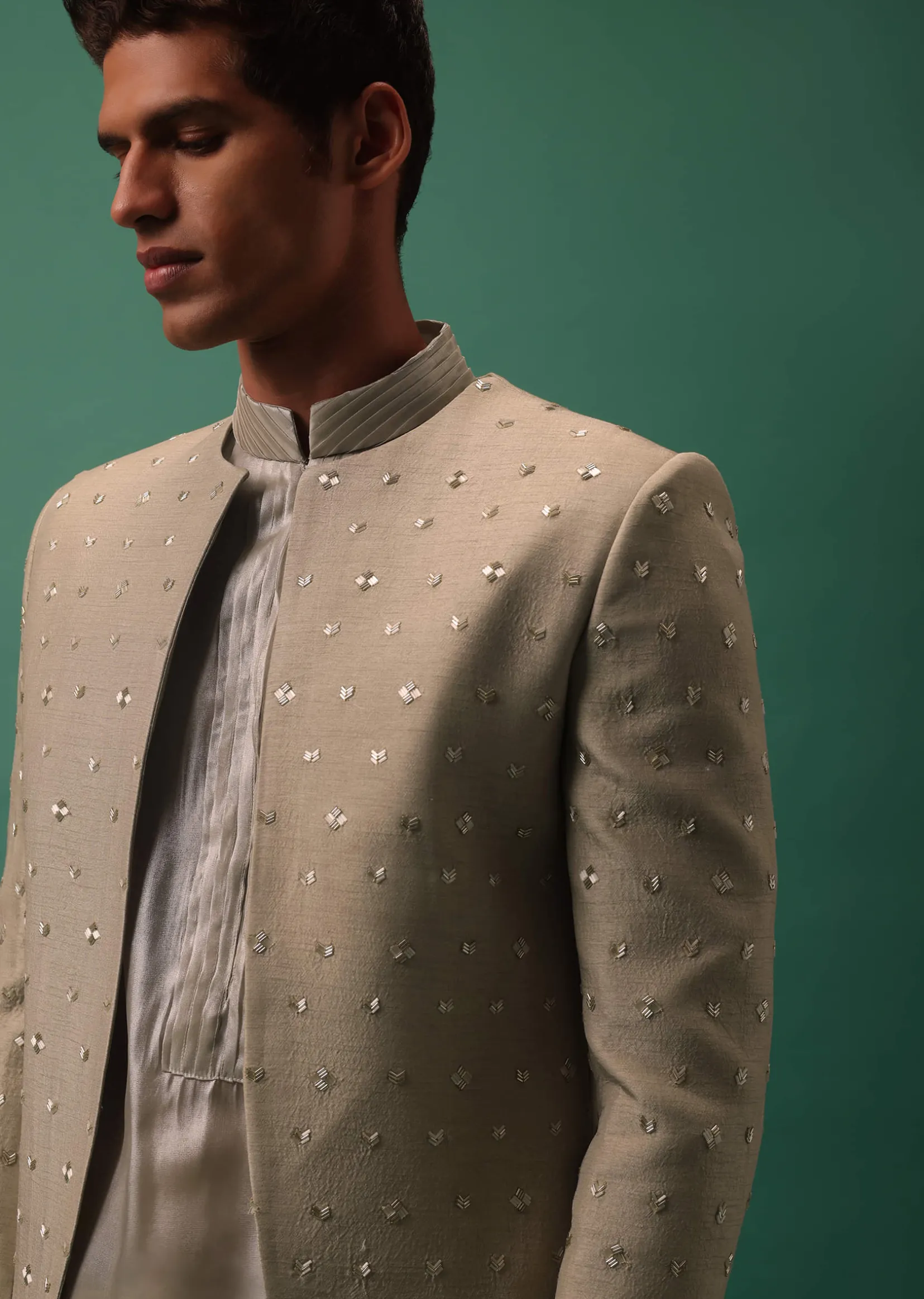 Oyster-Shaded Detailed Organza Kurta Set With Embroidered Jacket