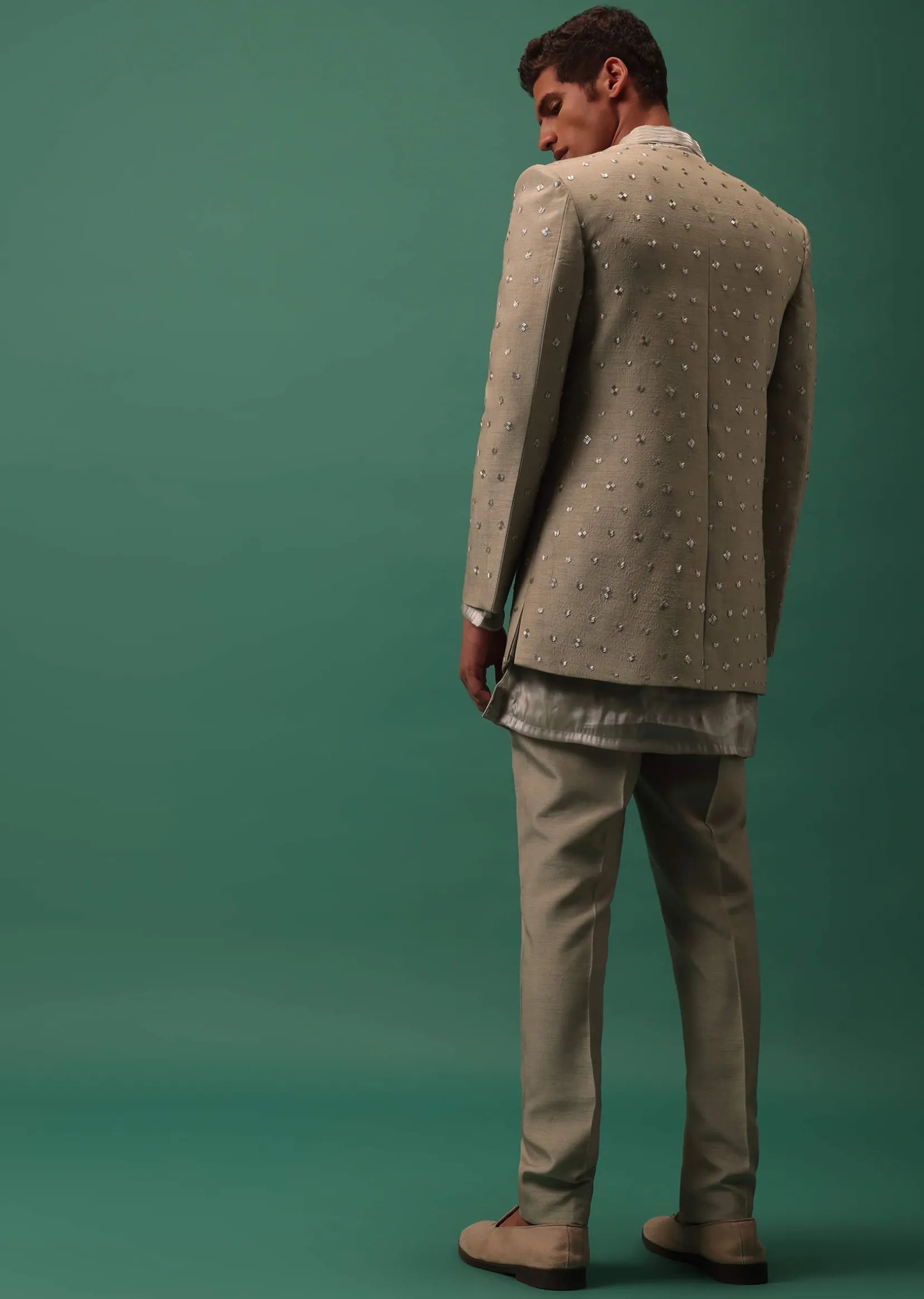 Oyster-Shaded Detailed Organza Kurta Set With Embroidered Jacket