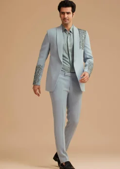Pale Blue Cotton Satin Tuxedo With Handcrafted Cut Dana Work