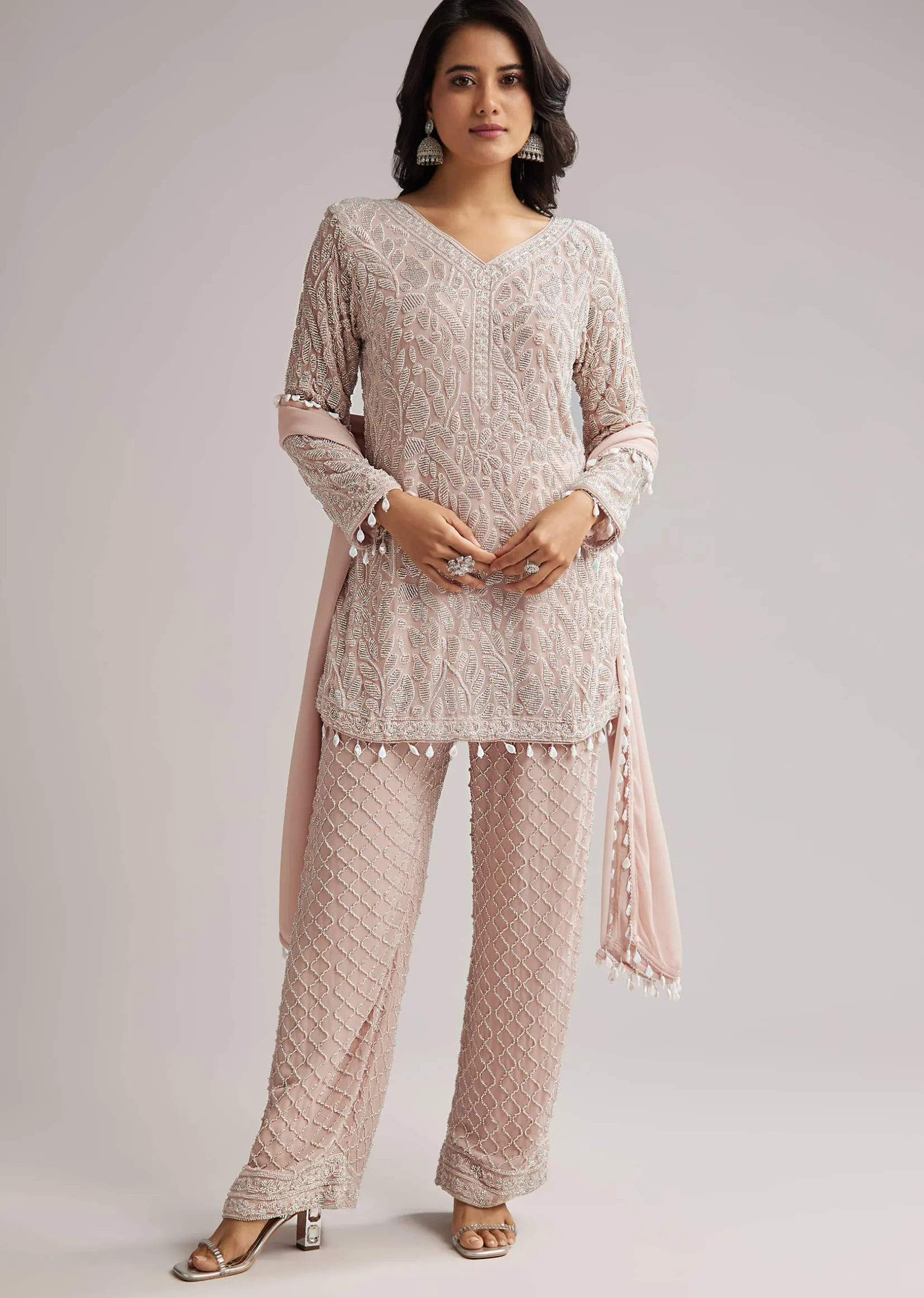 Pale Pink Beaded Kurti Pant Set With Dupatta