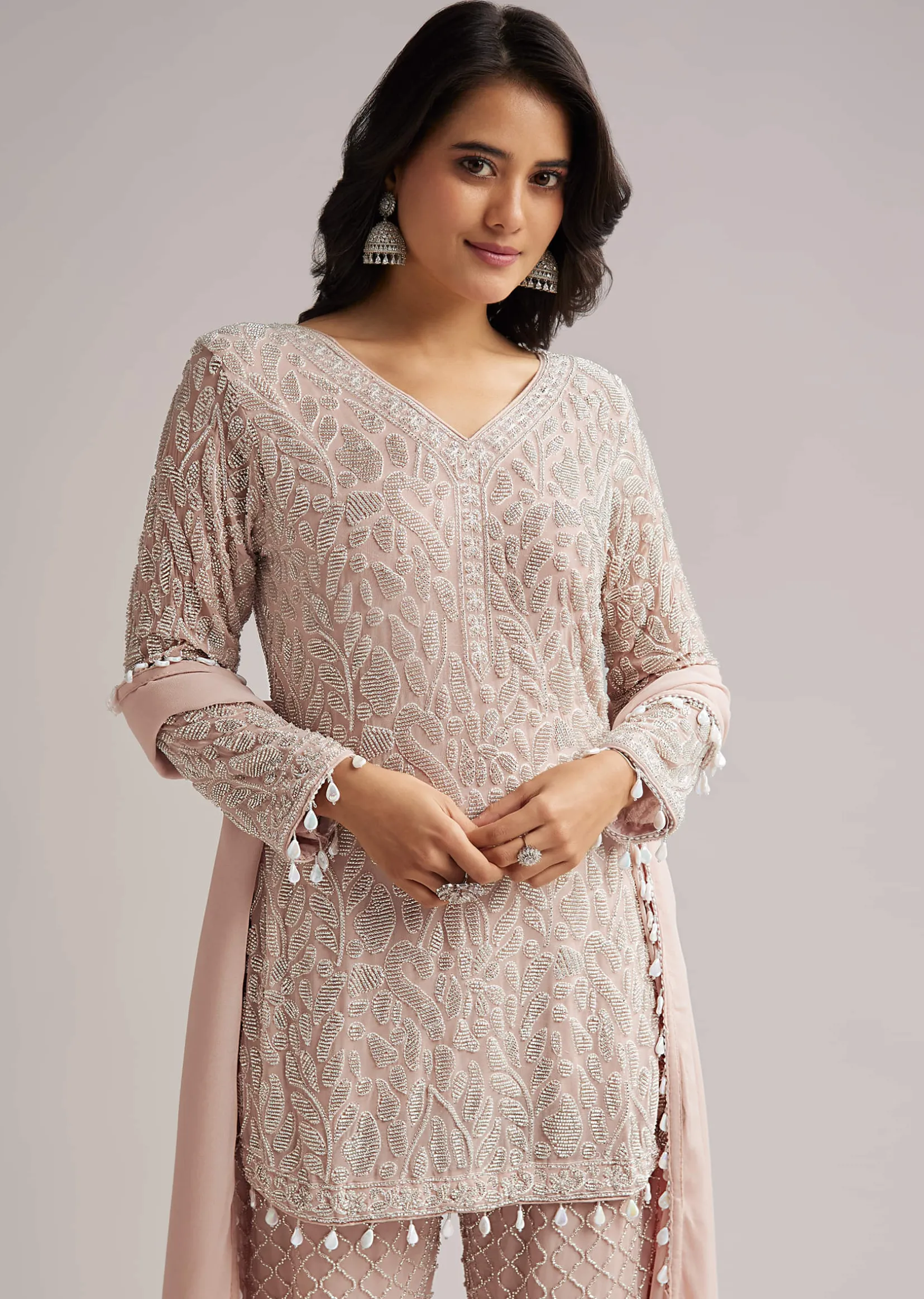 Pale Pink Beaded Kurti Pant Set With Dupatta