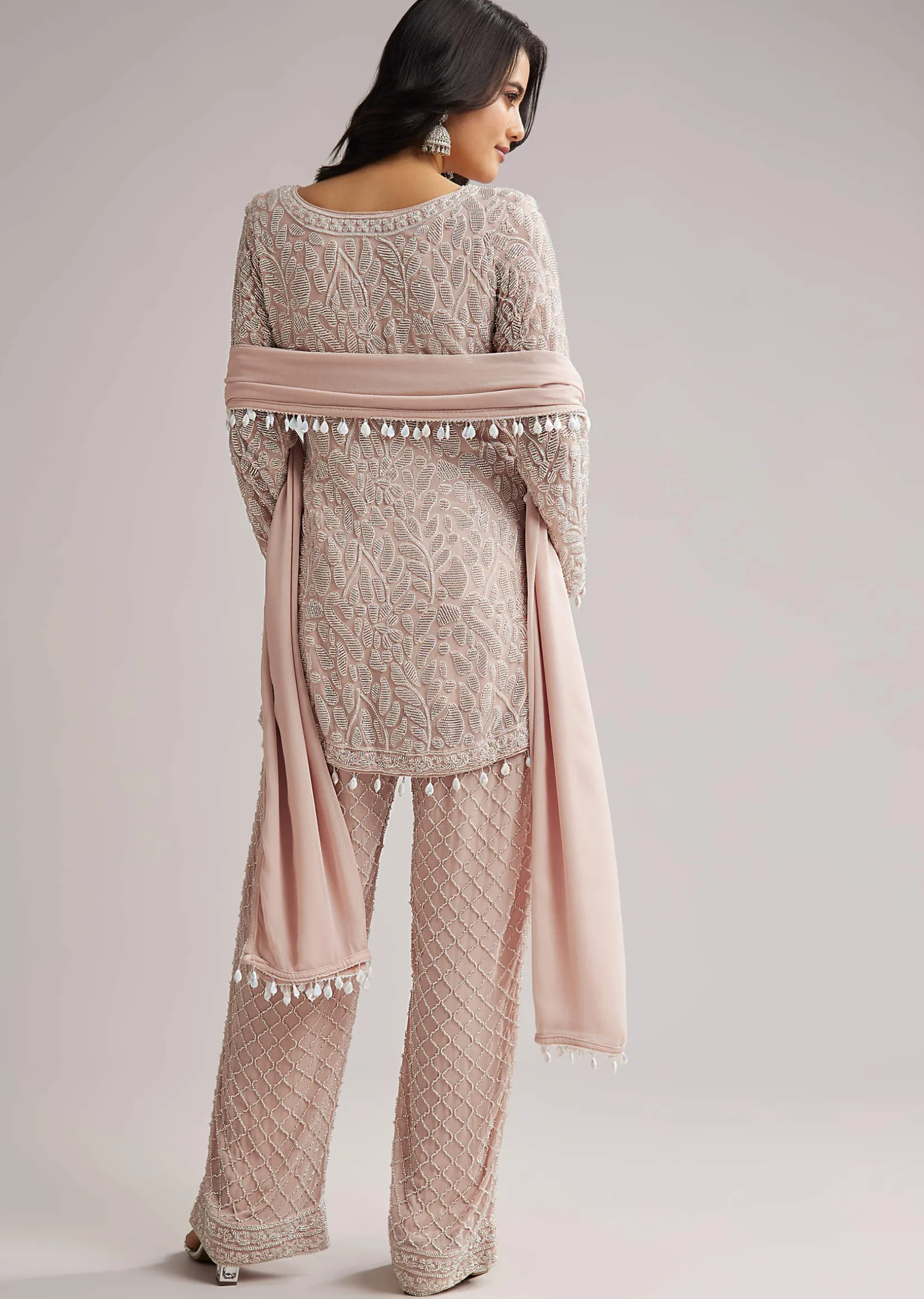 Pale Pink Beaded Kurti Pant Set With Dupatta