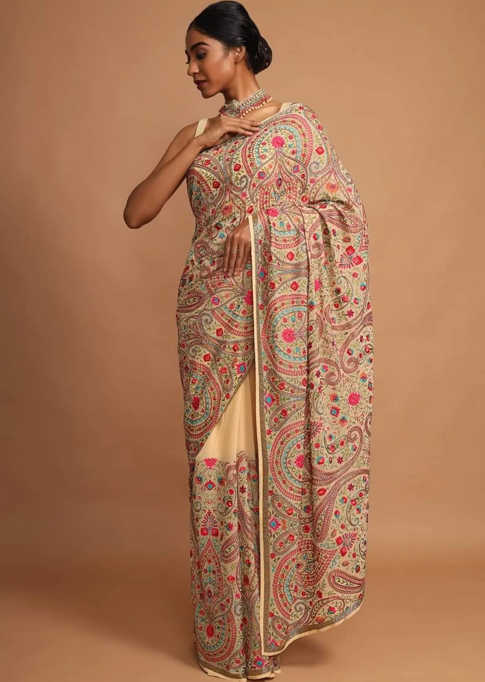 Parmesan Beige Saree With Kashmiri Embroidery In Floral Jaal Design