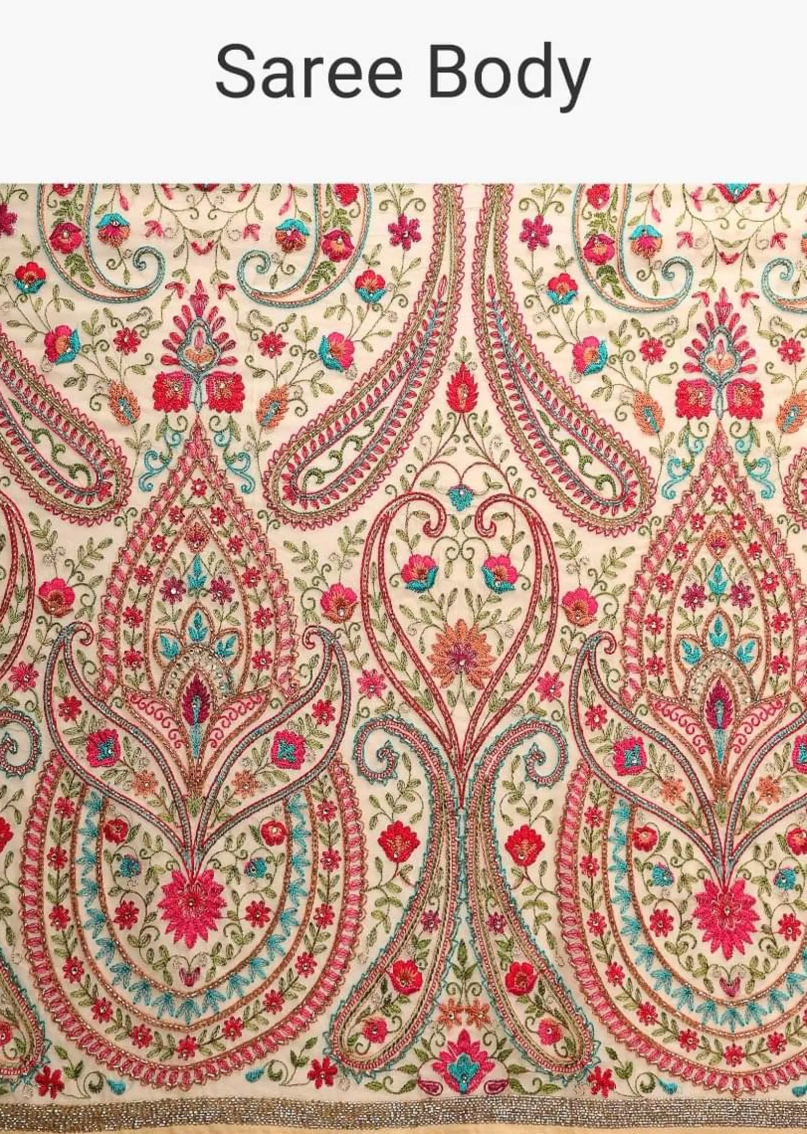 Parmesan Beige Saree With Kashmiri Embroidery In Floral Jaal Design