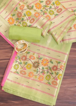 Parrot Green And Gold Paithani Woven Silk Dress Material
