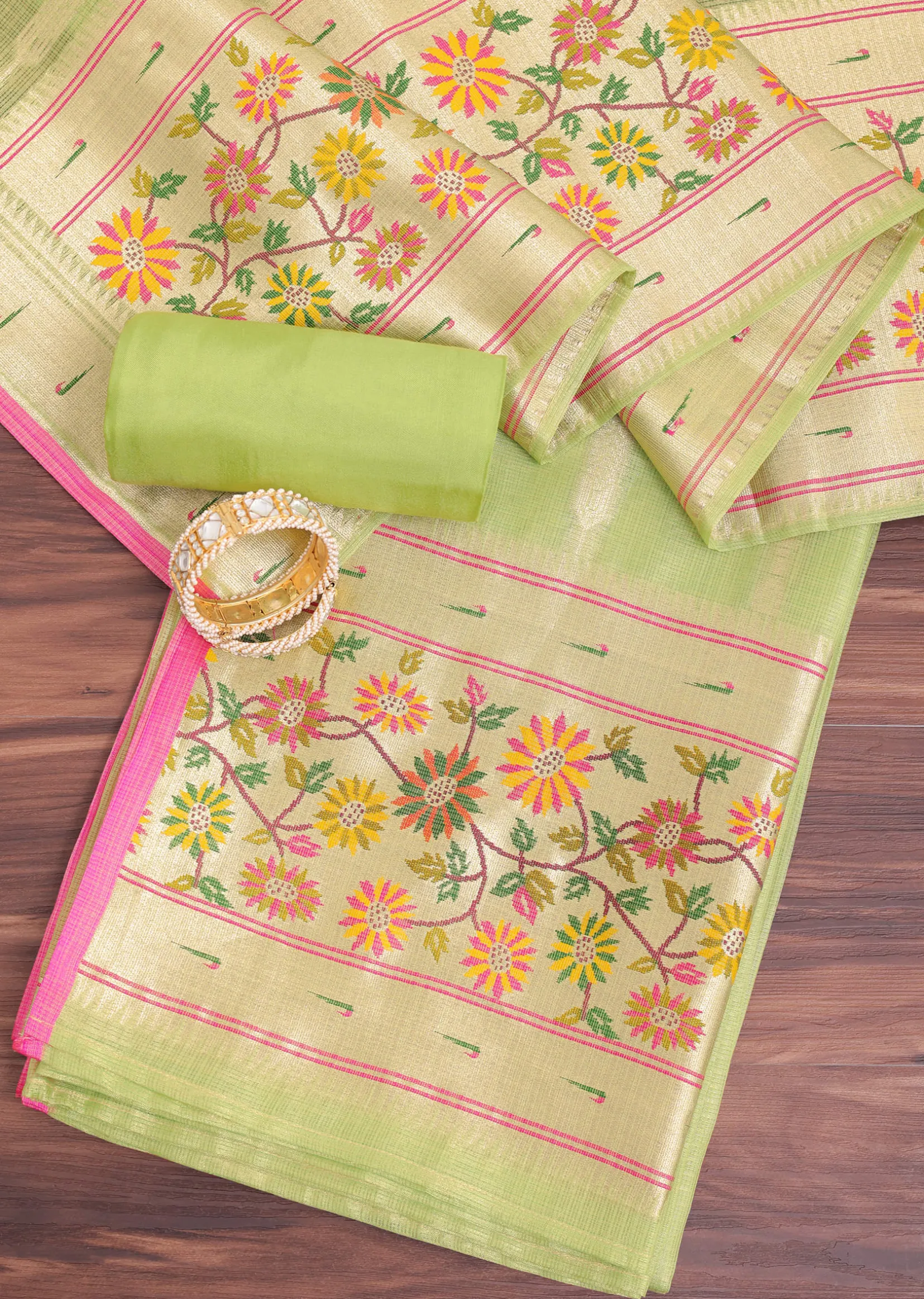 Parrot Green And Gold Paithani Woven Silk Dress Material