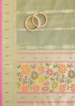 Parrot Green And Gold Paithani Woven Silk Dress Material