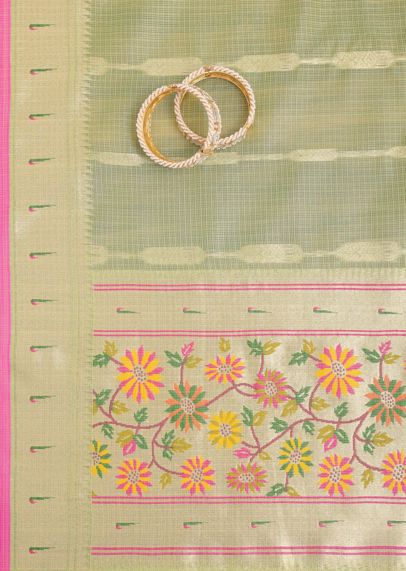 Parrot Green And Gold Paithani Woven Silk Dress Material