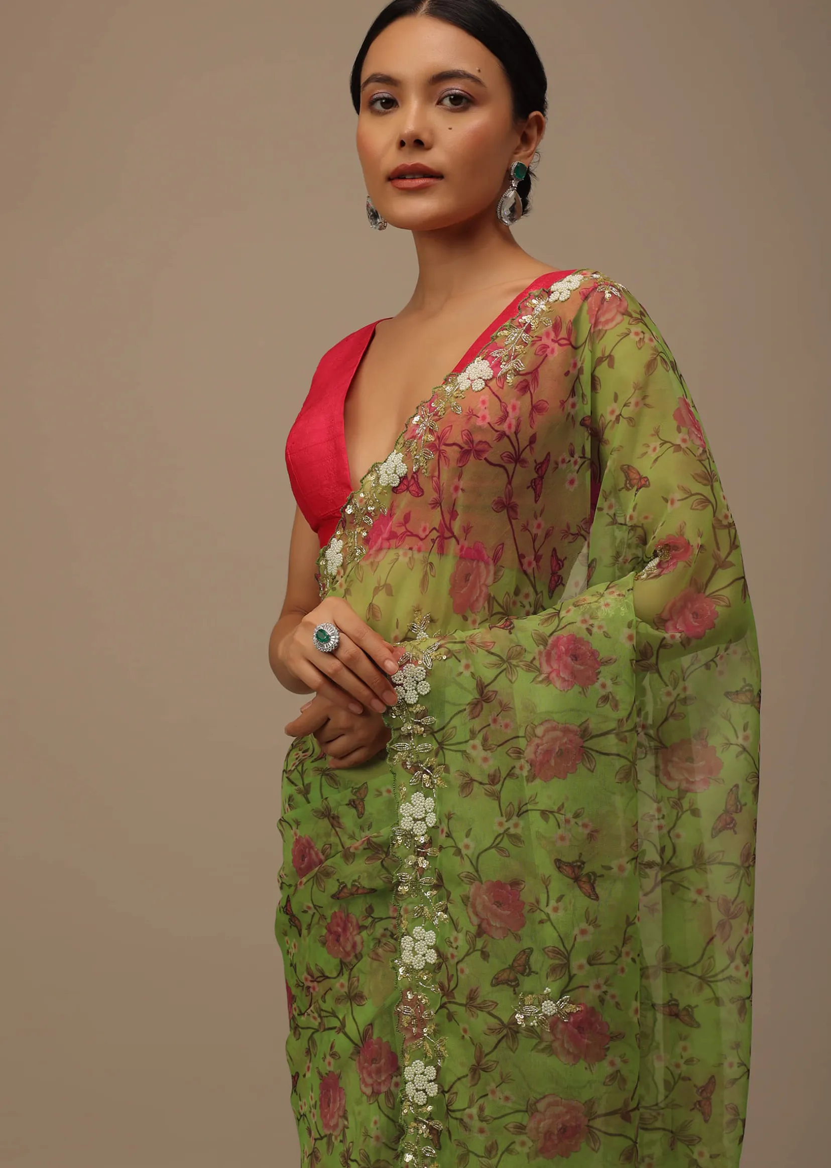 Parrot Green Cutdana Embroidered Saree In Organza With Floral Print