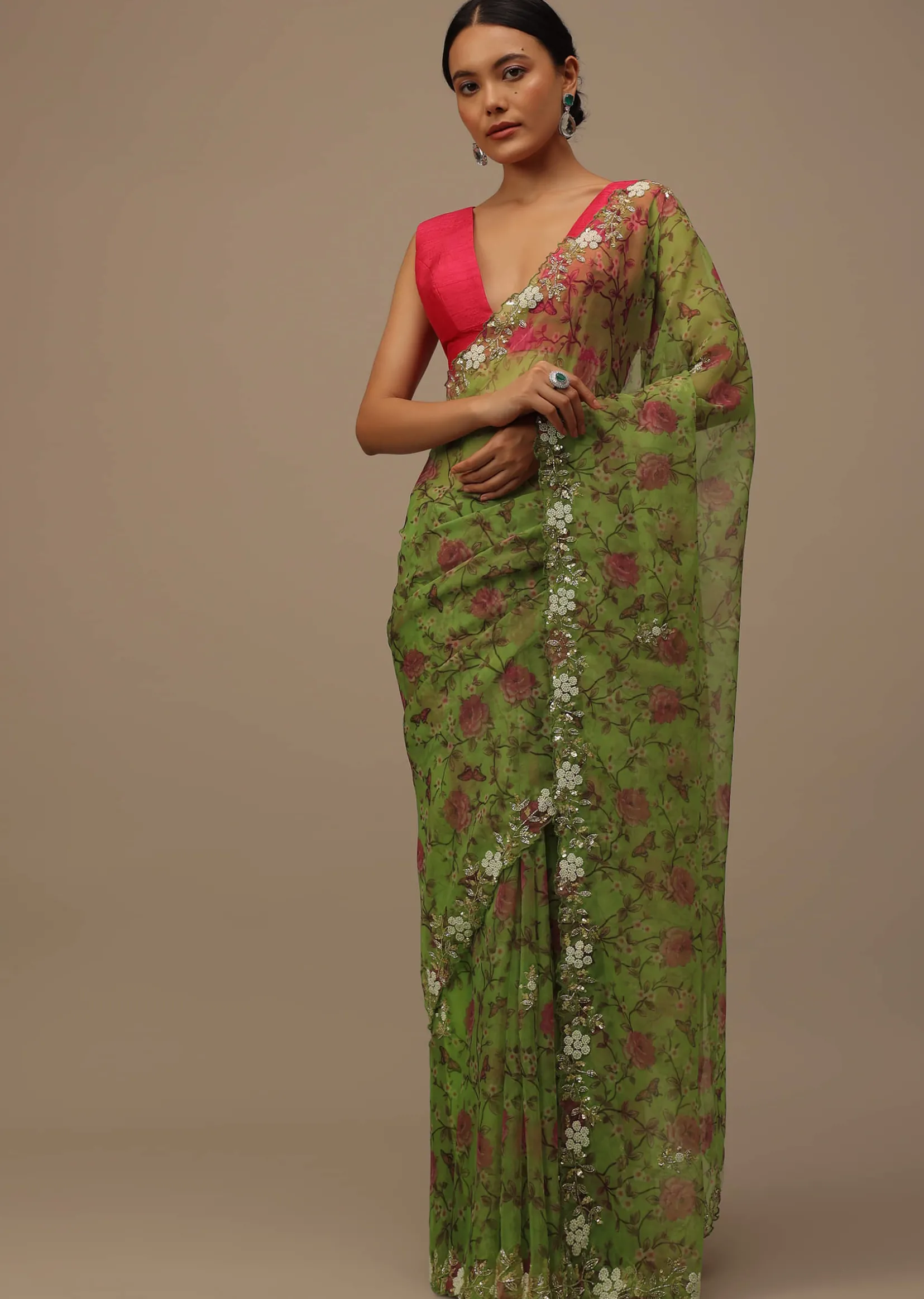 Parrot Green Cutdana Embroidered Saree In Organza With Floral Print