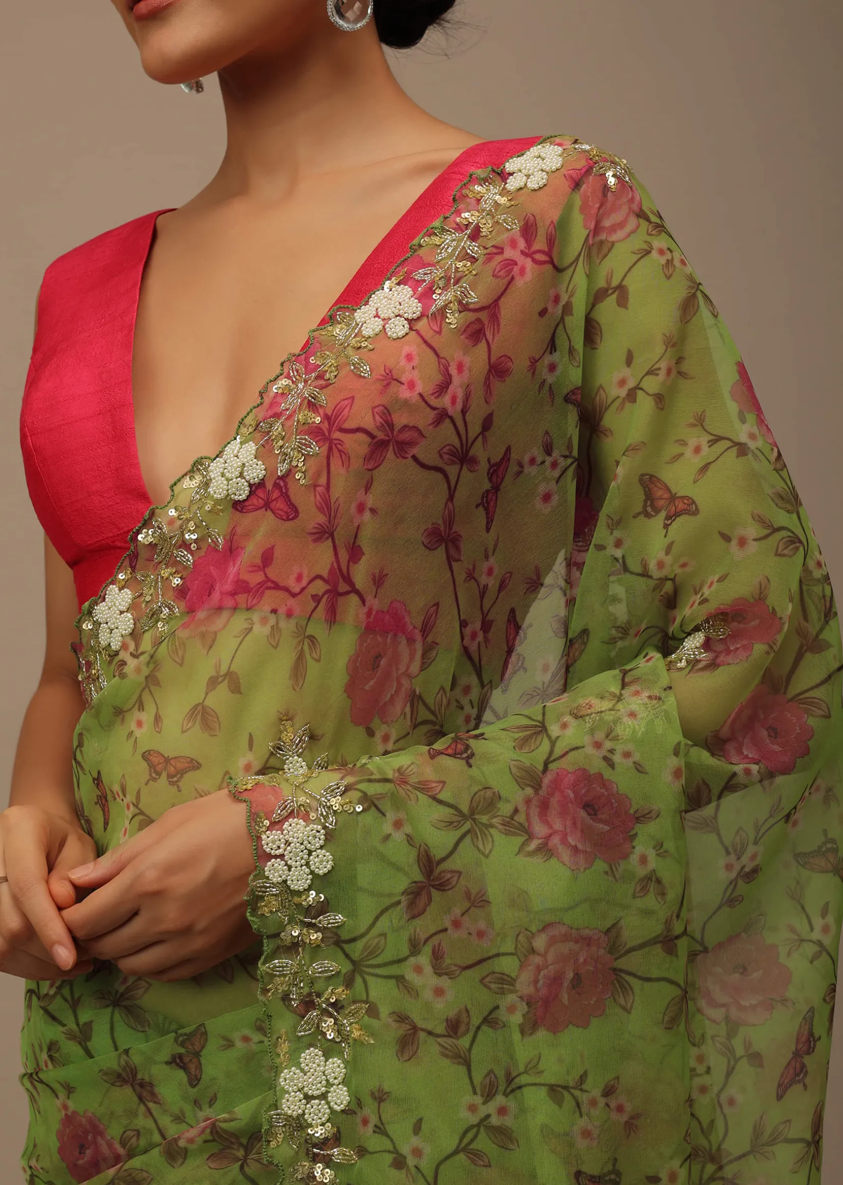 Parrot Green Cutdana Embroidered Saree In Organza With Floral Print