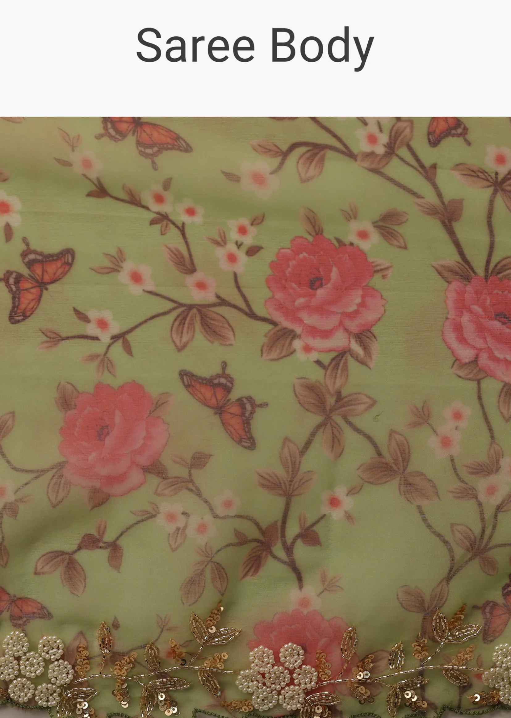 Parrot Green Cutdana Embroidered Saree In Organza With Floral Print