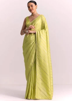 Parrot Green Dola Silk Embroidered Saree With Gotta Patti Border