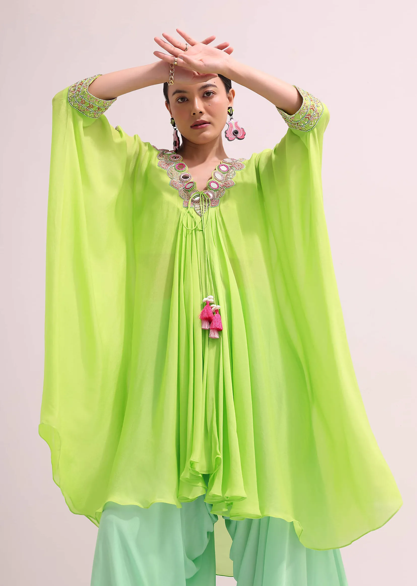 Parrot Green Embroidered Kurta Palazzo Set