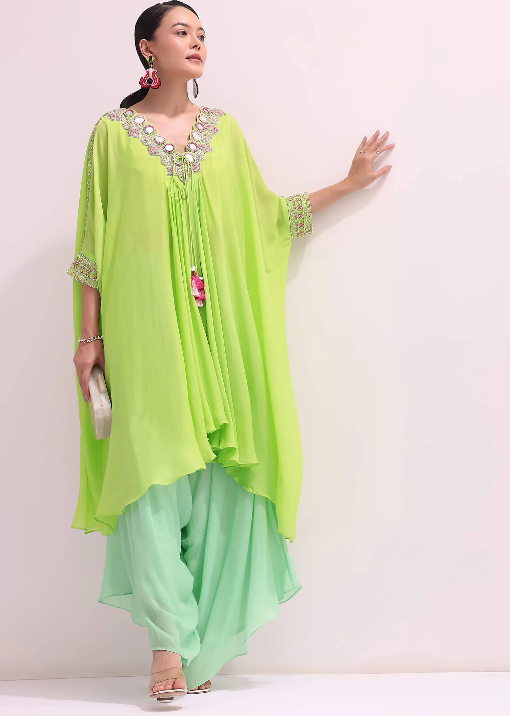 Parrot Green Embroidered Kurta Palazzo Set