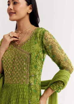 Parrot Green Floral Chiffon Anarkali Kurta Set With Dupatta