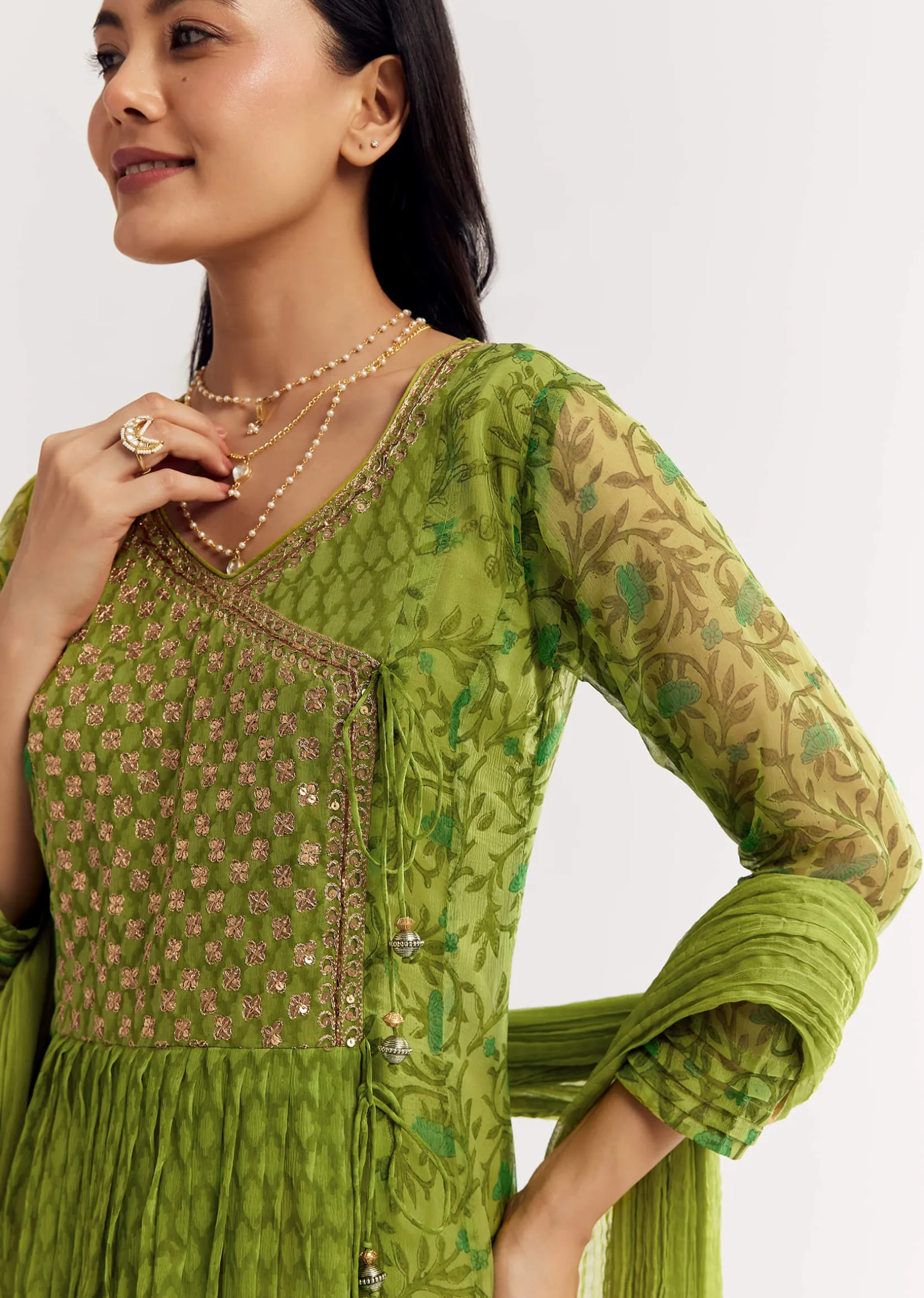 Parrot Green Floral Chiffon Anarkali Kurta Set With Dupatta