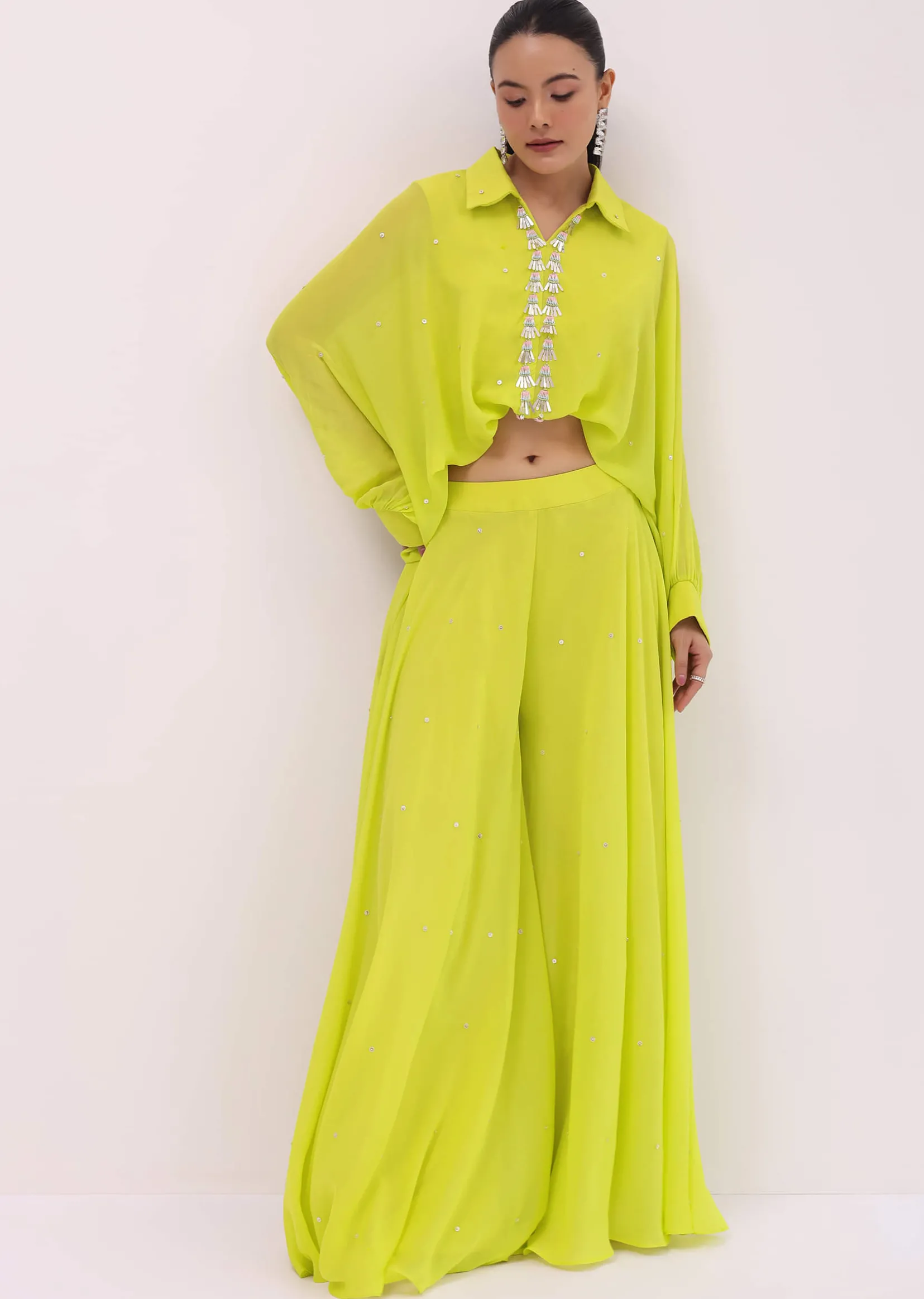 Parrot Green Georgette Crop Top And Palazzo