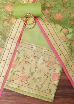 Parrot Green Paithani Silk Dress Material