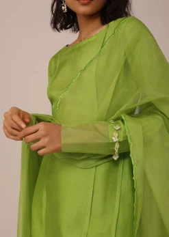 Parrot Green Suit Set In Art Silk With Tassels On The Sleeves