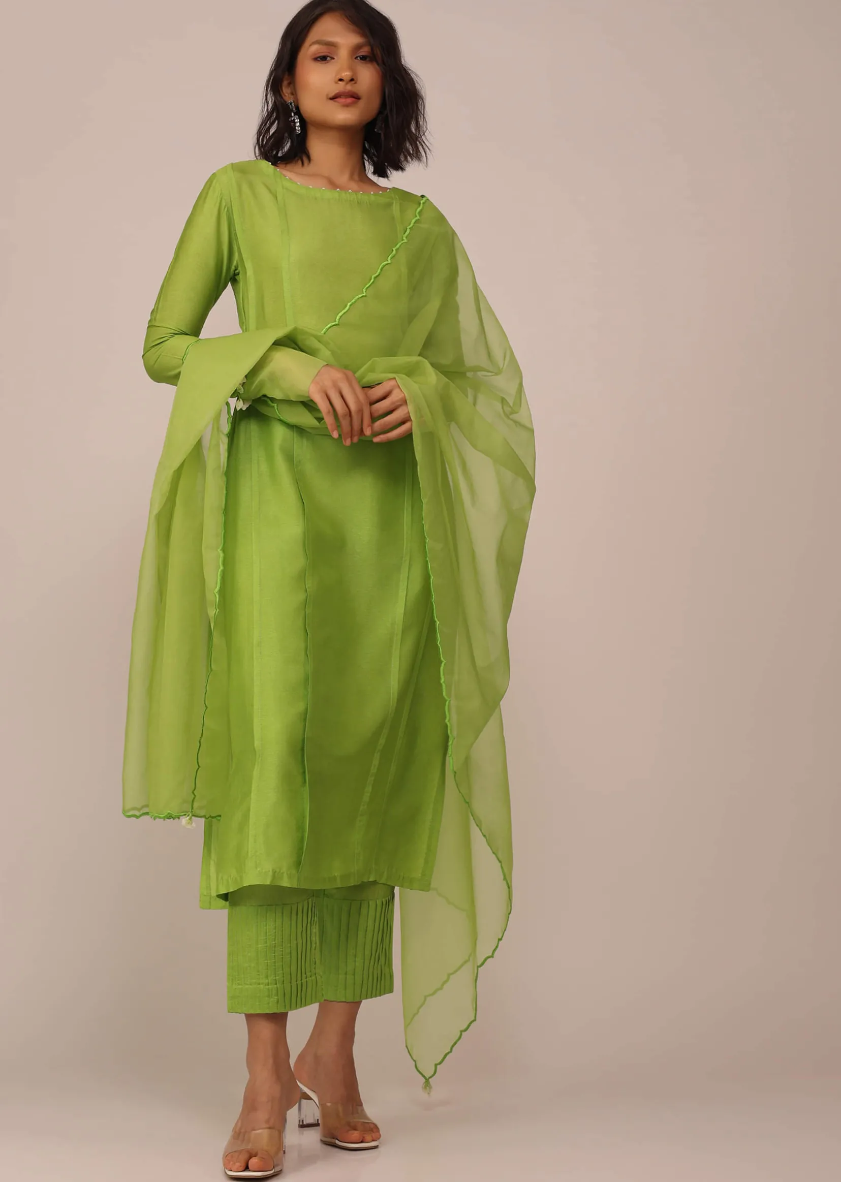 Parrot Green Suit Set In Art Silk With Tassels On The Sleeves