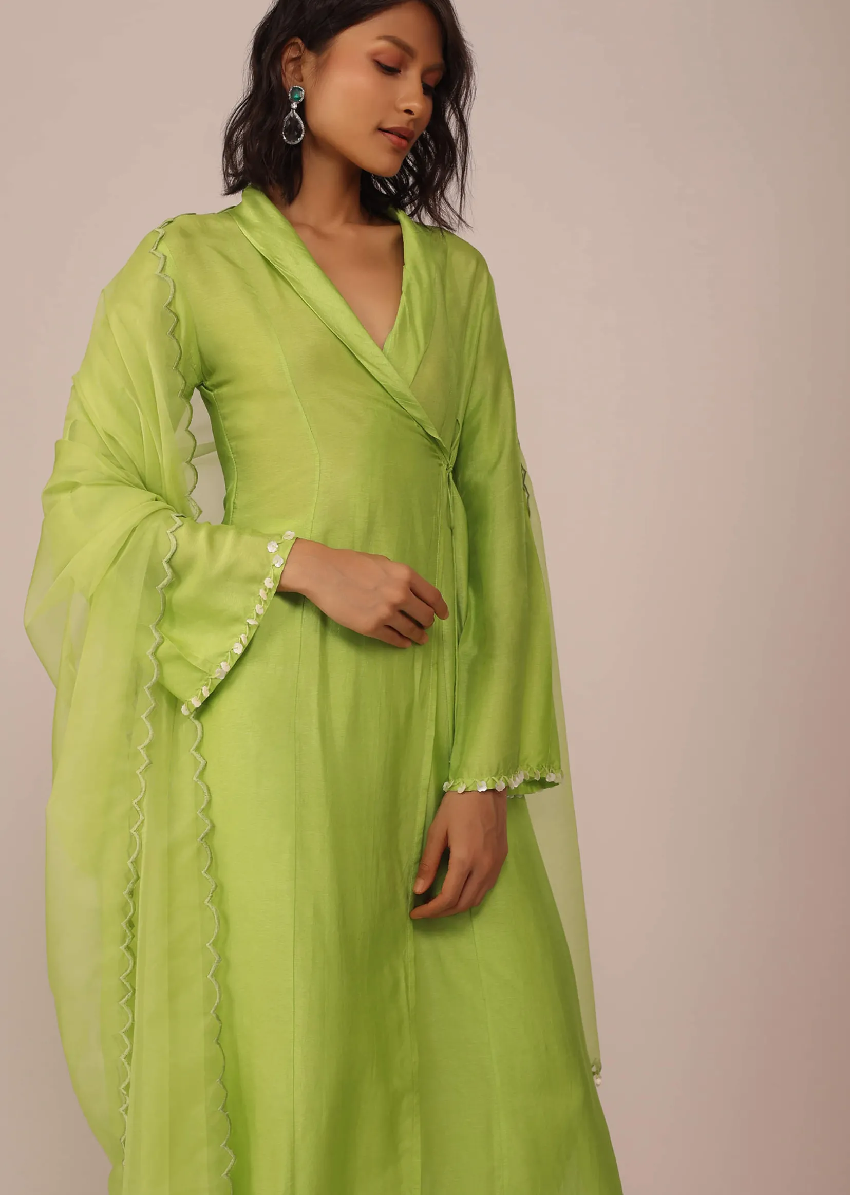 Parrot Green Suit Set In Art Silk With Tassels On The Sleeves And Dupatta