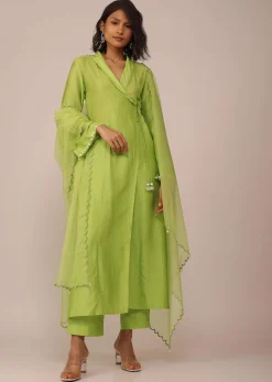 Parrot Green Suit Set In Art Silk With Tassels On The Sleeves And Dupatta