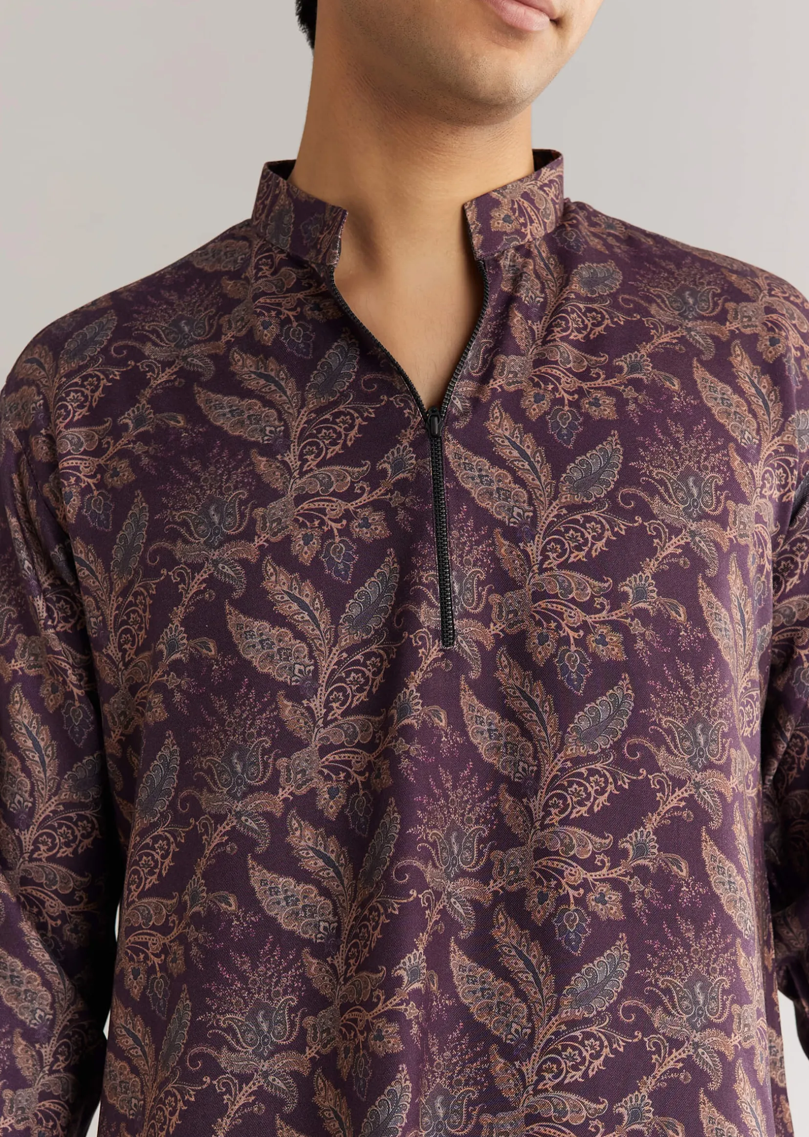 Pashmina Zipper Kurta Pant Set In Purple