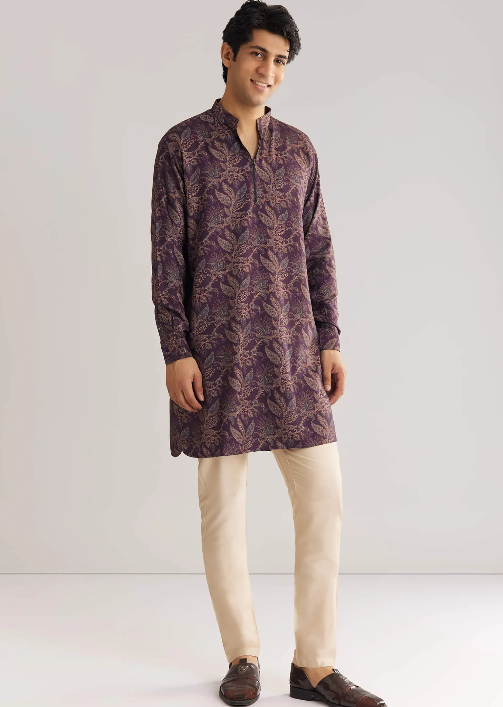 Pashmina Zipper Kurta Pant Set In Purple