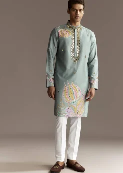 Pastel Blue Kurta Set With Mirror Embroidery
