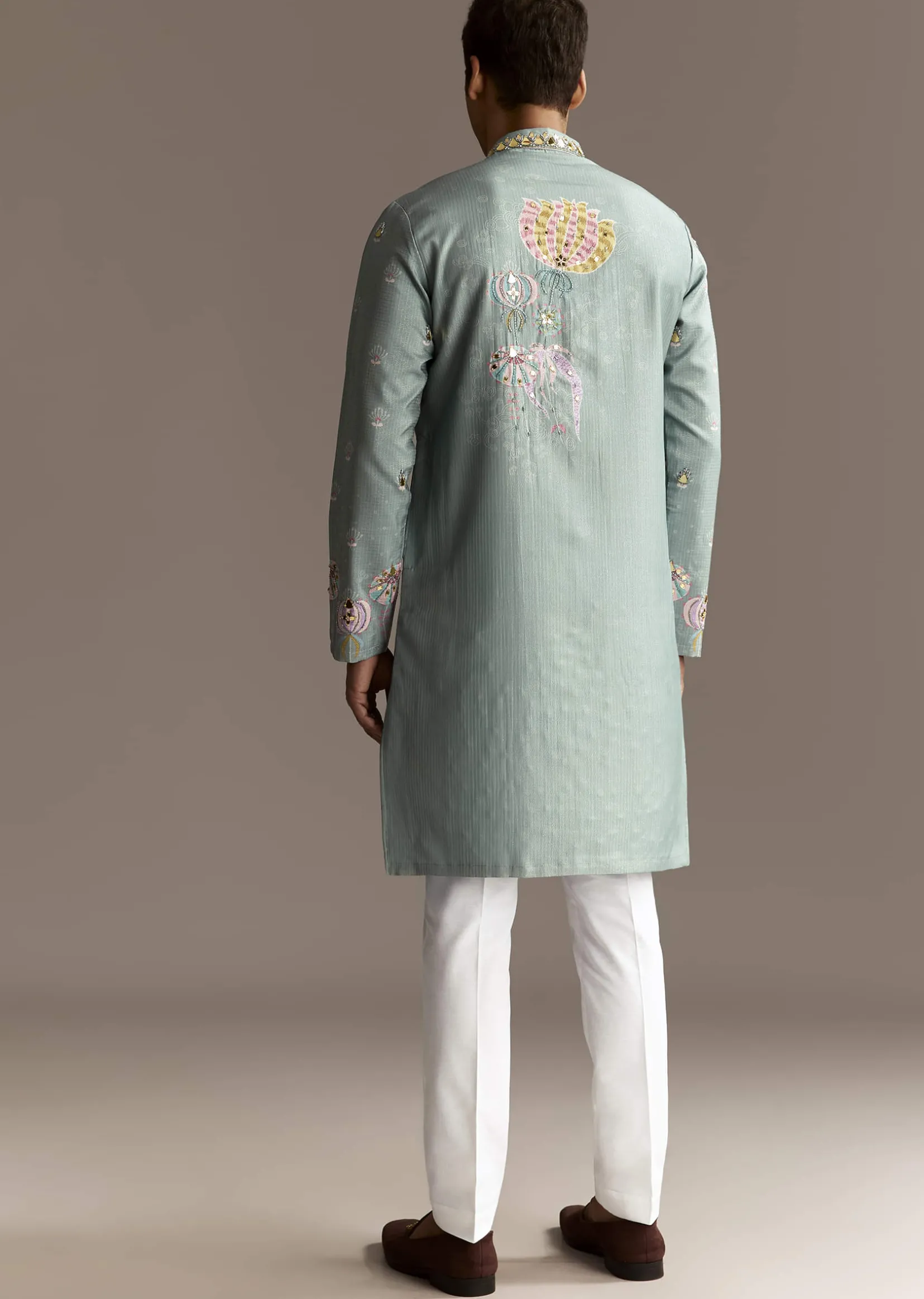 Pastel Blue Kurta Set With Mirror Embroidery