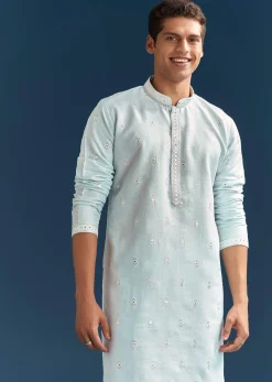 Pastel Blue Silk Kurta Set For Men With Mirror Work
