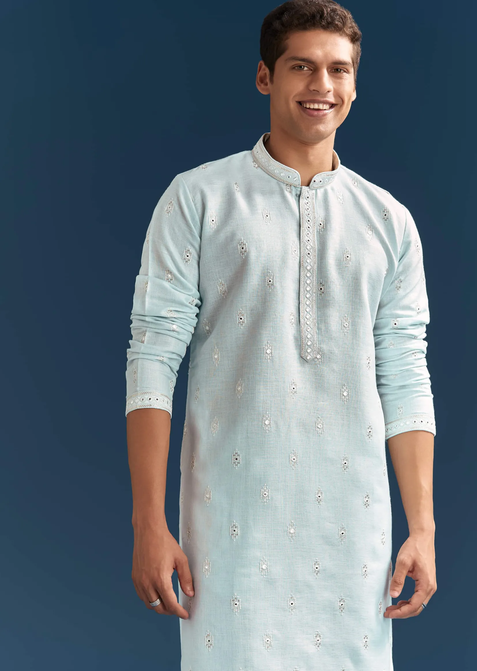 Pastel Blue Silk Kurta Set For Men With Mirror Work