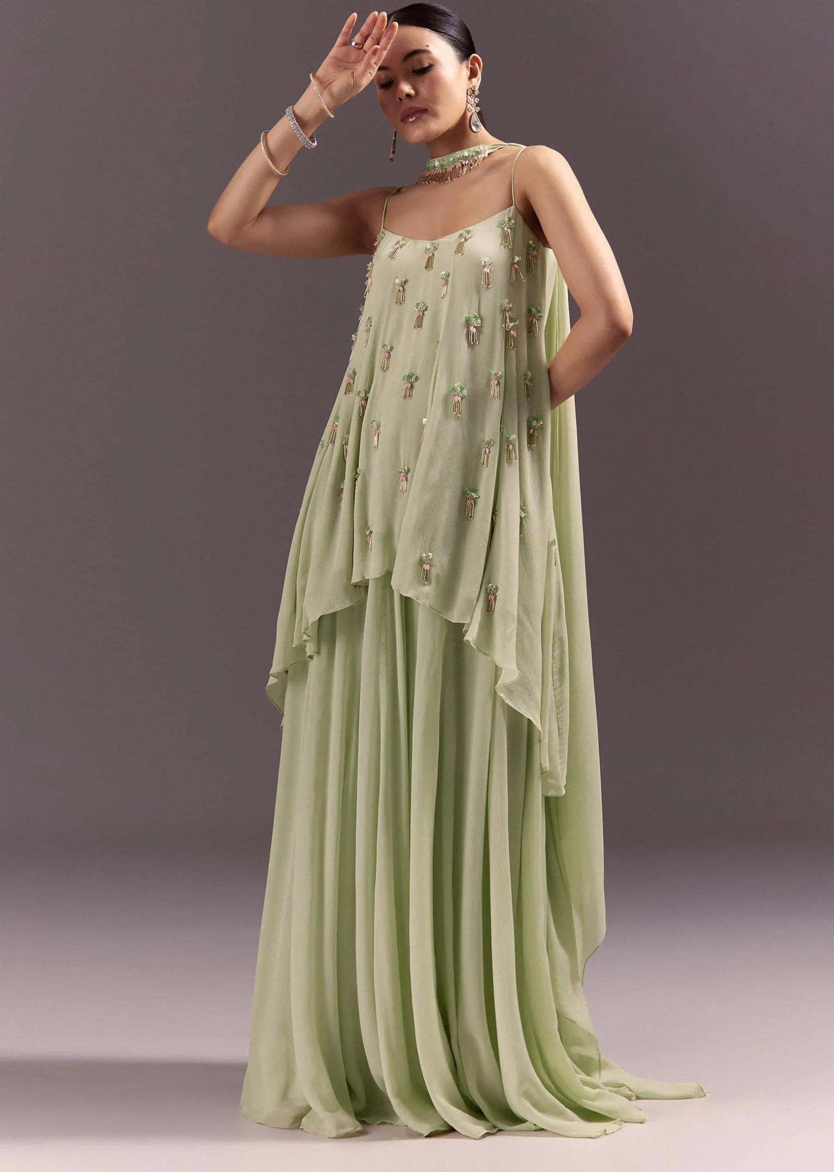 Pastel Green Chinon Embroidered Kurti With Flared Pant Set