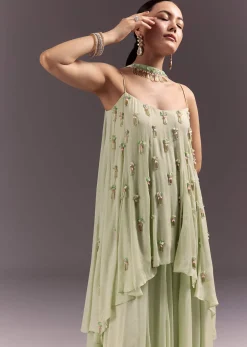 Pastel Green Chinon Embroidered Kurti With Flared Pant Set
