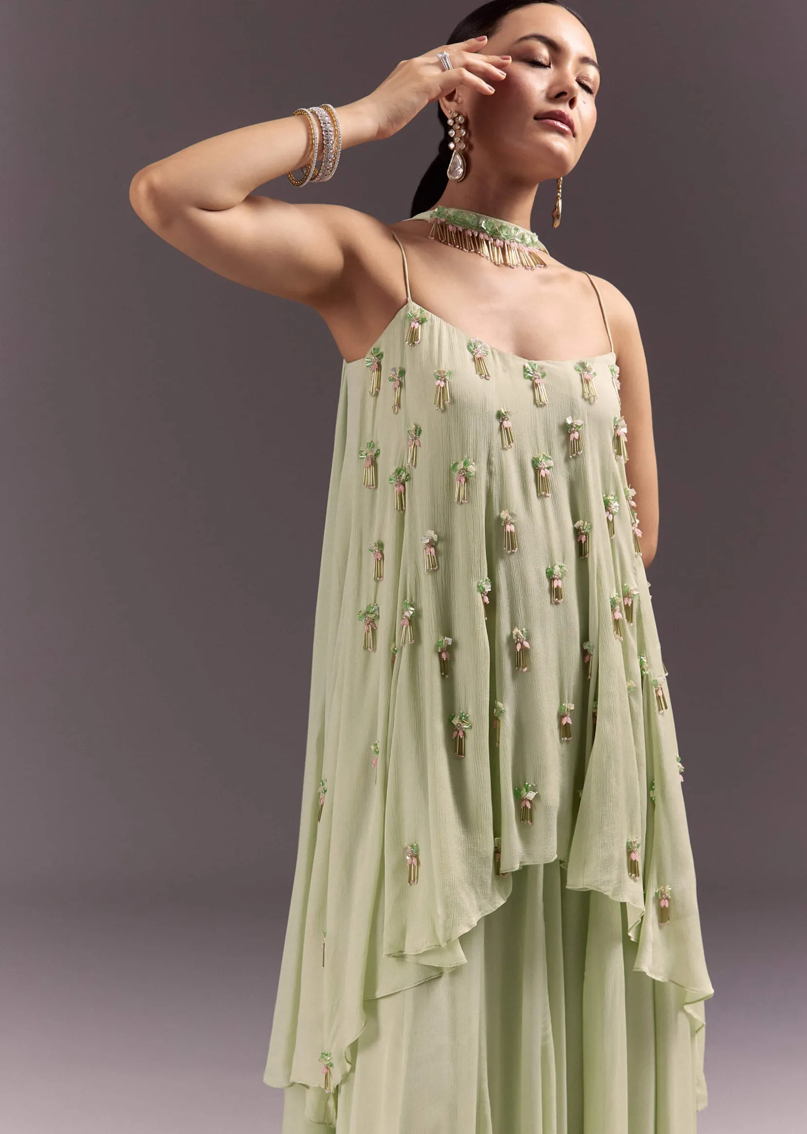 Pastel Green Chinon Embroidered Kurti With Flared Pant Set