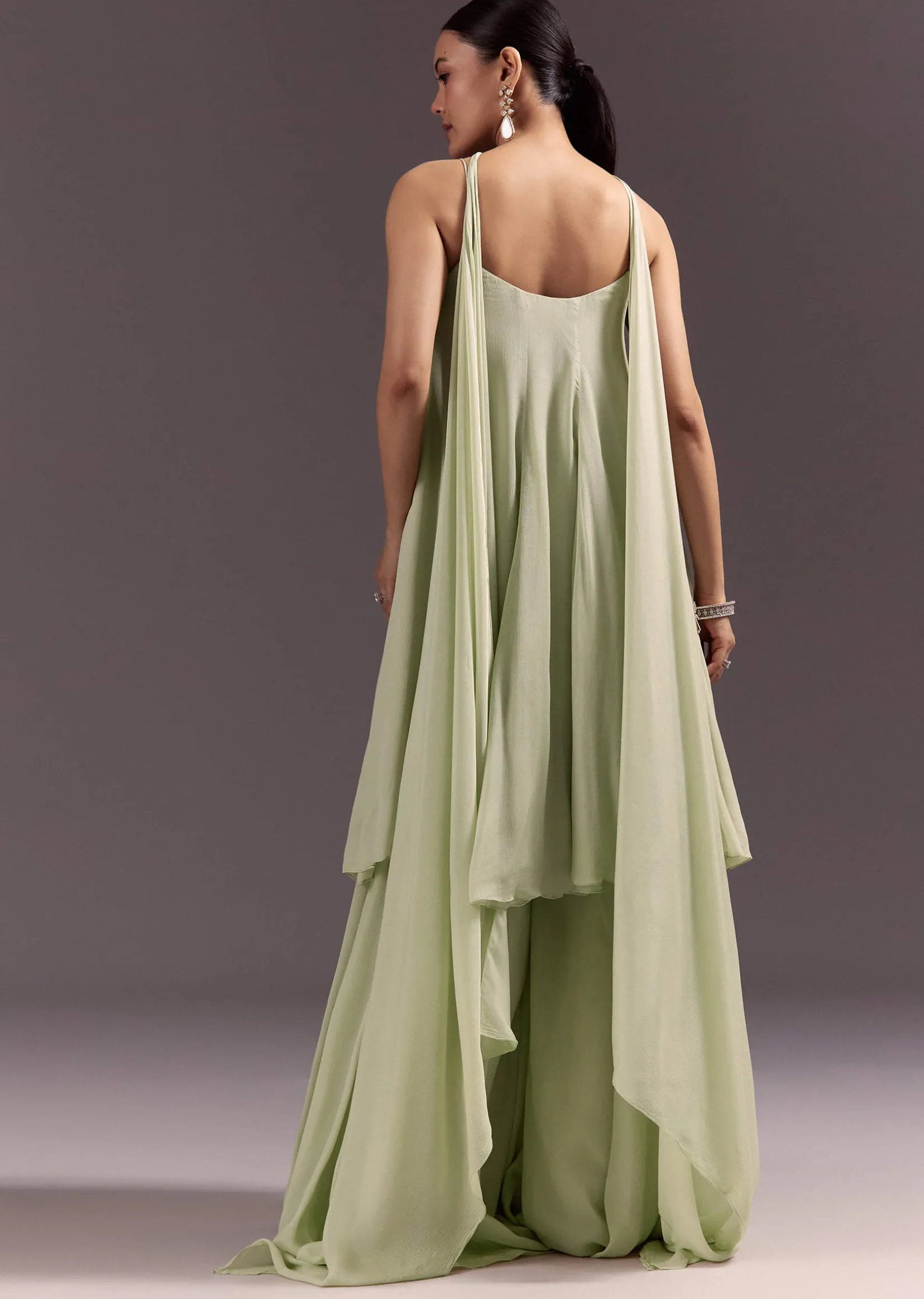 Pastel Green Chinon Embroidered Kurti With Flared Pant Set