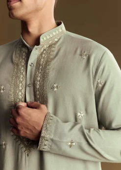 Pastel Green Linen Kurta Set With Sequin And Resham Embroidery