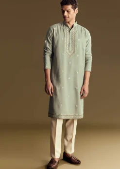 Pastel Green Linen Kurta Set With Sequin And Resham Embroidery