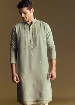 Pastel Green Linen Kurta Set With Sequin And Resham Embroidery