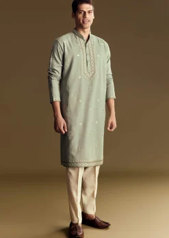 Pastel Green Linen Kurta Set With Sequin And Resham Embroidery