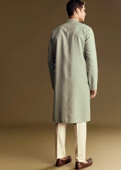 Pastel Green Linen Kurta Set With Sequin And Resham Embroidery